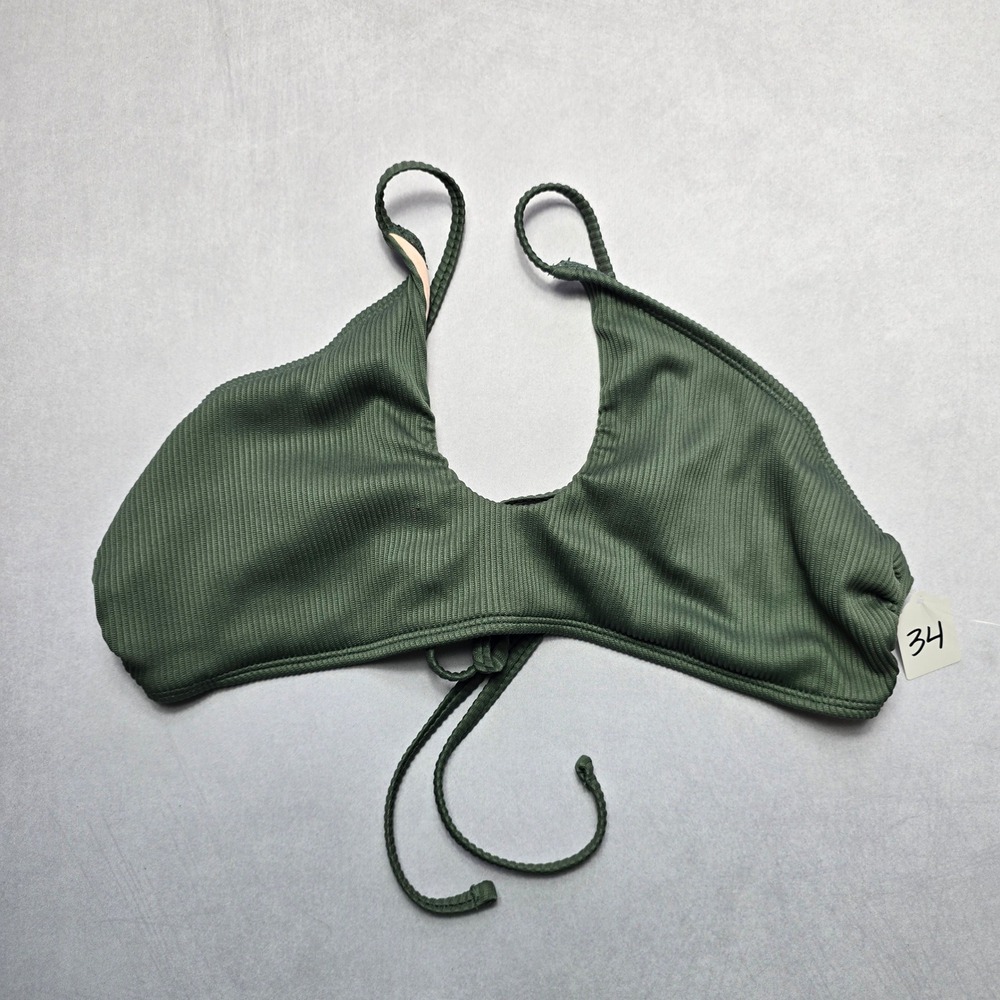 Mae Green Ribbed Ties Swim Boho Sports Bra Beach Bralette‎ Bikini Top L Large